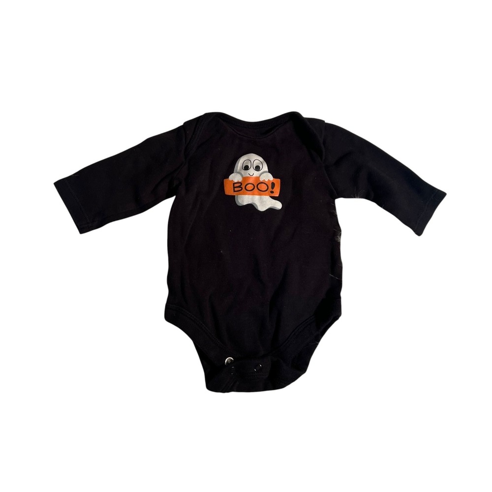 Baby Sz Newborn One Piece Bodysuit Halloween Ghost Boo Black White Orange Cotton